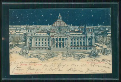 AK Glitzer Ansichtskarte Postkarte Berlin, Das Reichstagsgebäude Nacht 1901 gel.