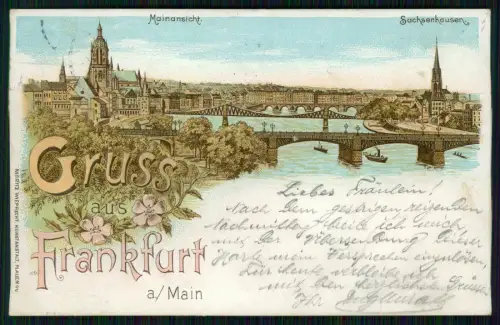 AK Litho Frankfurt am Main Mainpartie Brücke Blick nach Sachsenhausen 1899 gel.