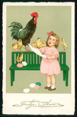 AK - Ostern - Mädchen rosa Kleid eine Hahn und mehrere Küken auf einer Bank 1927