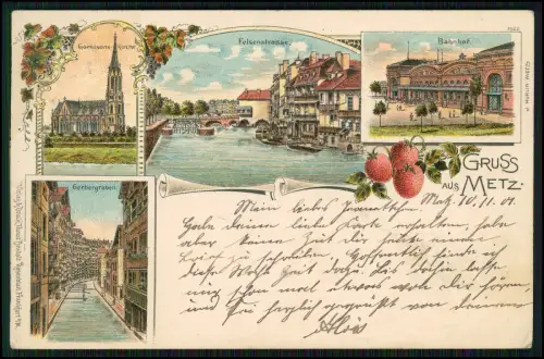AK Lithographie Metz Bahnhof Gerbergraben Felsenstraße Garnison-Kirche 1901 gel.