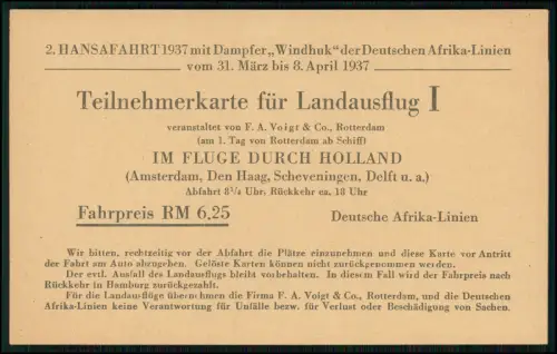 4x Karte Landausflug Holland BE  1937 Hansa-Fahrt Windhuk Deutsche Afrika-Linien