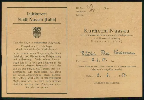 Ausweis Kuraufenthalt Nassau (Lahn) mit Stadtwappen der Rheinprovinz - Dame 1950