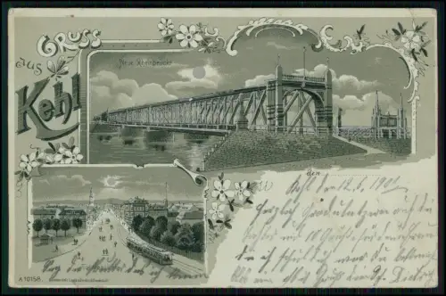 AK - Kehl Neue Rheinbrücke Mondschein Lithografie - Straßenbahn Stadt 1901 gel.