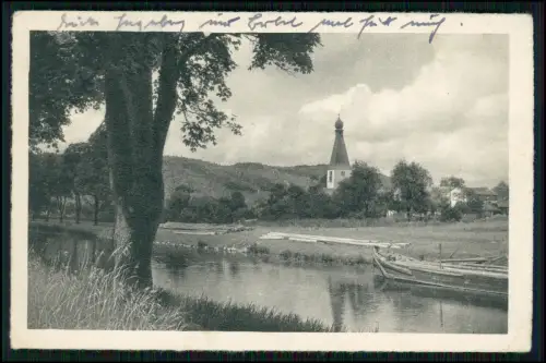 AK Flöha in Sachsen - Flusslauf mit Holzflößen Uferbäume Georgenkirche Ort 1943