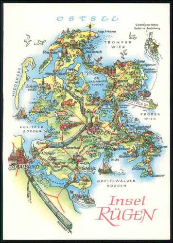 Insel Rügen A5 Format - DDR illustrierte Karte - VEB Bild und Heimat Reichenbach