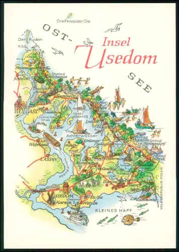 Insel Usedom A5 Format - DDR illustriert Karte - VEB Bild und Heimat Reichenbach