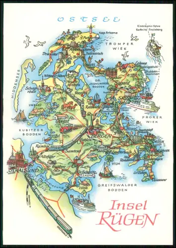 Insel Rügen A5 Format - DDR illustrierte Karte - VEB Bild und Heimat Reichenbach