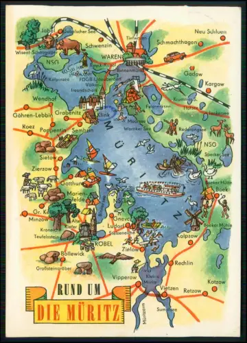 AK - Landkarte illustrierte Übersicht Rund um Müritz - Waren Röbel Rechlin uvm.