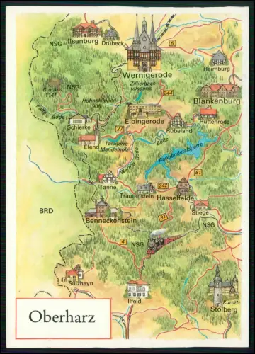 AK - Landkarte DDR - Oberharz Wernigerode Brocken Elbingerode Rappbodetalsperre
