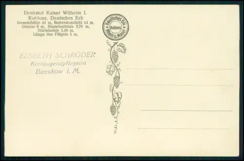 Foto AK - Koblenz Deutsches Eck - E. Schröder Kreisjugendpflegerin Beeskow i. M.