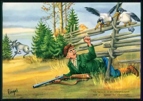 AK - Norwegen Humor - Illustration Jagdszene - Jäger Gewehr Elch Wald Karikatur