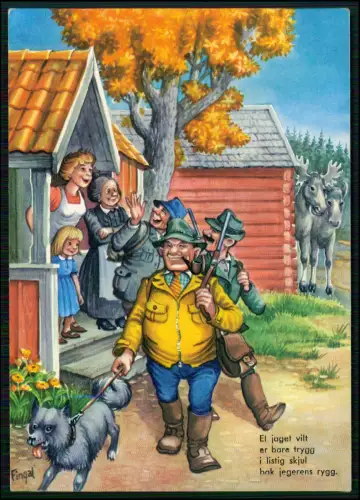 Illustration Humor Jagdszene in skandinavischer Landschaft 2 Jäger mit Gewehren