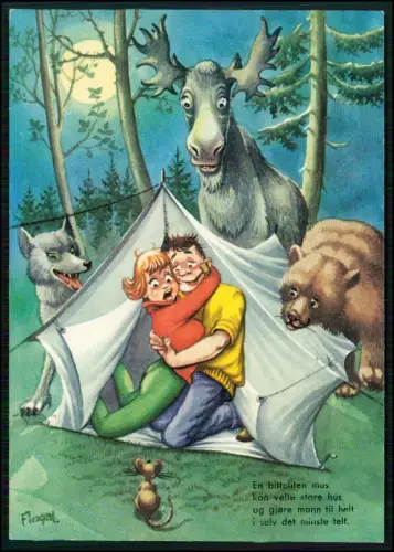 Norwegen Campingszene im Wald - junges Paar erschrocken im Zelt - Wolf Bär Elch