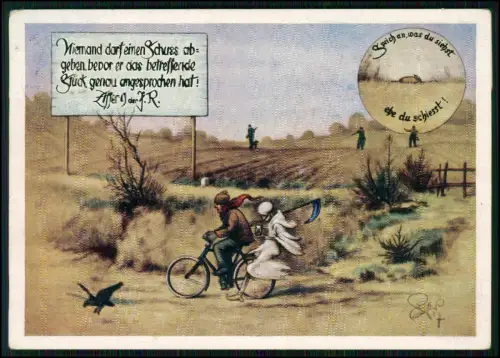 Humor Jagdkarikatur mit Sensenmann und Geistfigur - Ein Jäger fährt mit Fahrrad