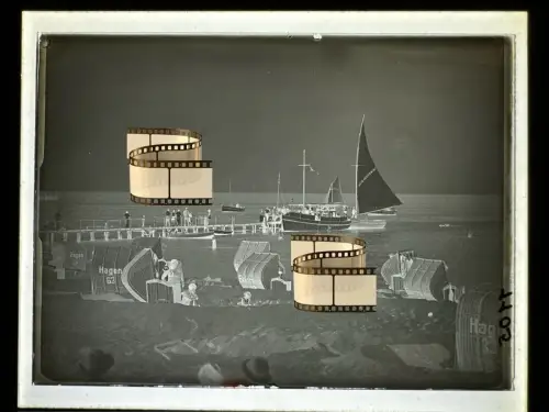 Orig Fotoplatte Glas 1937 Strandkörbe Segelboote Brücke uvm Grömitz Kiel 12x9 cm