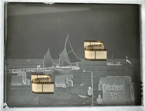 Orig Fotoplatte Glas 1937 Strandkörbe Segelboote Brücke Grömitz Kiel 12x9 cm