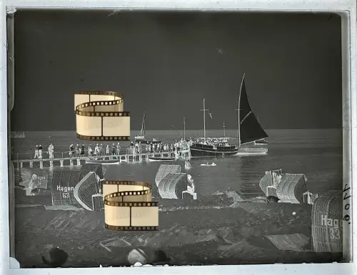 Orig Fotoplatte Glas 1937 Strandkörbe Segelboote Brücke Grömitz Kiel 12x9 cm