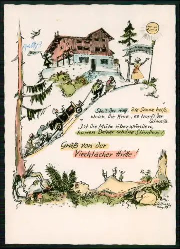 AK Humorvolle gezeichnete Darstellung - der Viechtacher Hütte auf dem Distelberg
