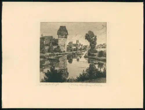 Radierung 21x16cm - Dinkelsbühl - Partie am Mühlgraben Bäuerlinsturm - signiert