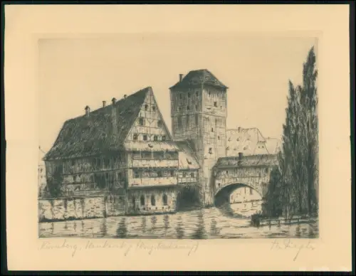 Nürnberg Henkersteg Pegnitz Brücke Stadtansicht Radierung 21x16cm signiert 1933