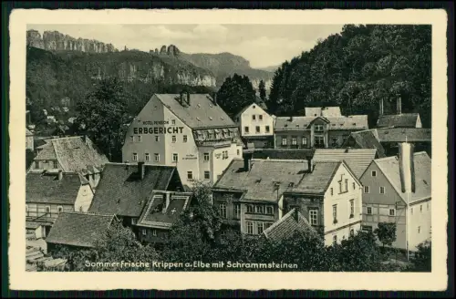 AK - Krippen Bad Schandau Blick auf Ort - und Hotel-Pension Erbgericht 1940 gel.