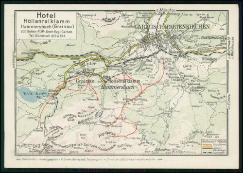 Wanderkarte 1938 Wettersteingebirge Alpen - Garmisch Grainau Höllental 15x10cm
