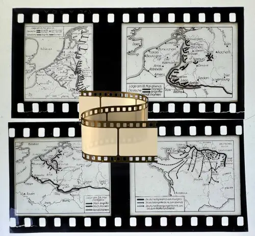 4x Zelluloid Dia-Negativ-Film Foto 4x3,5cm Karten zur Lage Verlauf der Front FR.