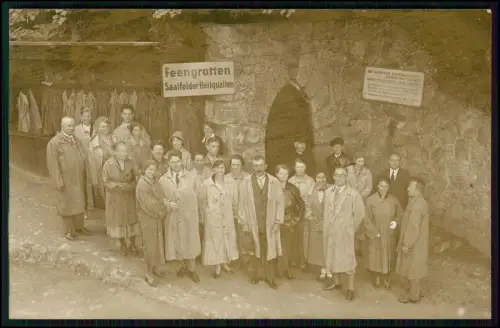 2x Foto u. AK Saalfelder Feengrotten Thüringen Gruppenfoto Tropfsteinhöhle 1936