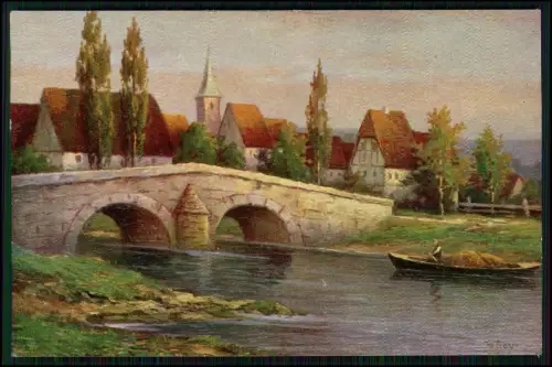 Künstler AK - Gemälde Steinbrücke Dorf und Boot W. Hoy - Verlag Degi Karte 1337