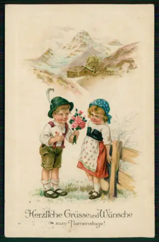 AK Litho Grüße Namenstag Junge überreicht Mädchen ein Bouquet Blumen 1916 gel.