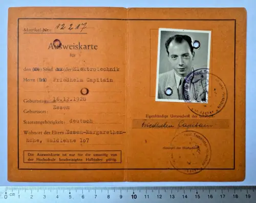 Technische Hochschule Aachen - Ausweiskarte 1954-61 - Elektrotechnik F. Capitain