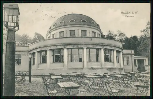 AK Hagen i. W. markantes Parkhaus Rundbau und vorgelagertem Biergarten 1913 gel.