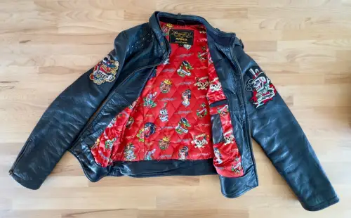 Ed Hardy by Avirex Damen Jacke - L - Schwarz Leder Tiger -  Tattoo Biker Style