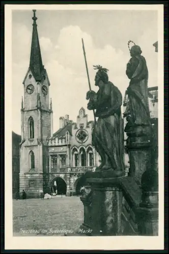 AK - Trautenau Trutnov – Marktplatz Sudetengau Kirche Rathaus Brunnen Figuren