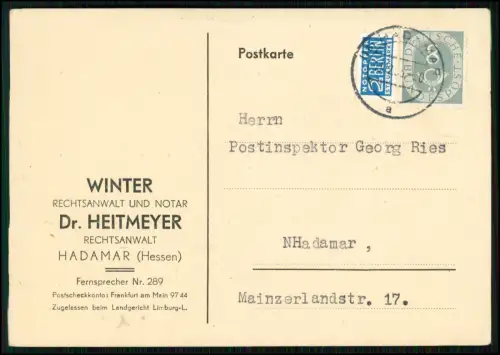 Hadamar Hessen Rechtsanwalt Winter Heitmeyer Postkarte 1953 gelaufen Amtsgericht