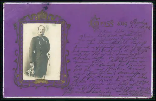 Foto Kaiser Wilhelm II. militärischer Uniform - auf Präge AK montiert 1900 gel.