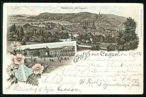 AK Lithografie - Kassel Stadtansicht Friedrichsplatz und Wappen - 1902 gelaufen