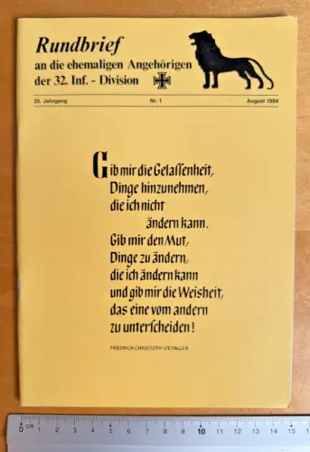 Rundbrief  42 S. - an ehem. Angeh. der 32. Inf. Div. - 35. Jg. Nr. 1 - Aug. 1984