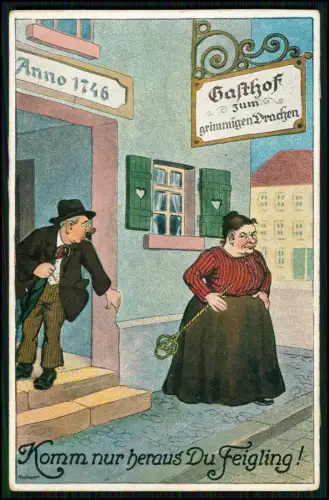 AK - Gasthof zum grimmigen Drachen – humorvolle Karikatur Szene vor Wirtshaus