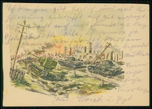 Künstler-Feldpostkarte 2. WK - dramatische Panzerschlacht gemalt F. Sauer - 1942