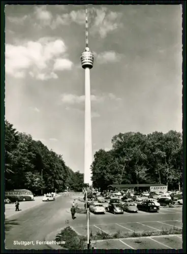 2x Foto AK - Stuttgart Fernsehturm Parkplatz Autos Bus Turm + AK Leonberg