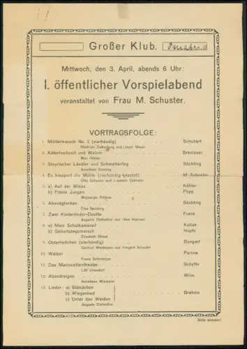 Plakat 29x20cm Großer Club Osnabrück - April 1908 öffentlicher Vorspielabend