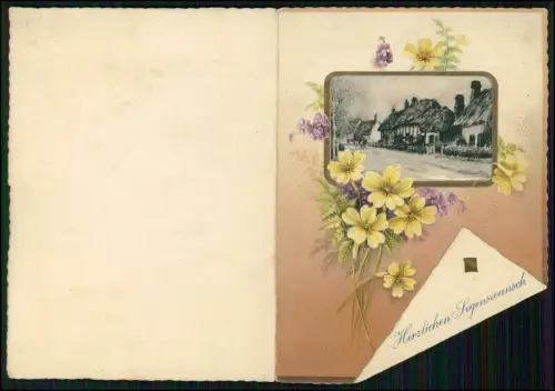 Klappkarte mit Blumenmotiv - Konfirmation Dorfmotiv Segenswunsch geprägt um 1930