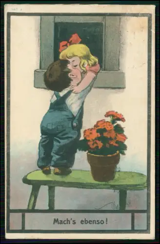 Künstler AK - Kinder Kuss Szene - Machs ebenso - Humor Karte - gelaufen 1914