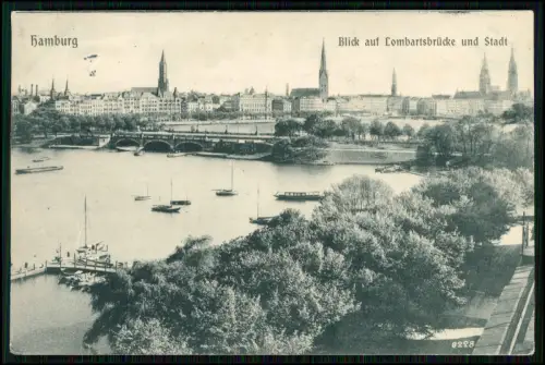 AK- Hamburg Lombardsbrücke Alster Stadtpanorama Kirchen Segelboote 1907 gelaufen