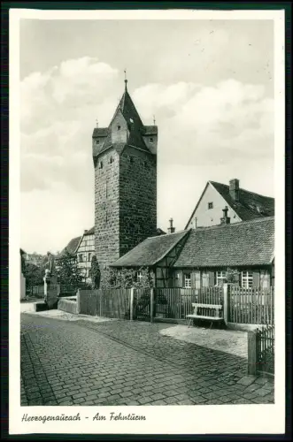 AK Herzogenaurach - Blick Fehnturm Fachwerkhäuser gepflasterter Straße Zaun Bank