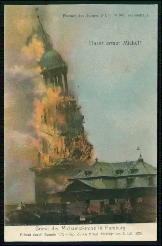 AK - Hamburg St. Michaeliskirche Michel - Brand brennender Kirchturm - 1906 gel.