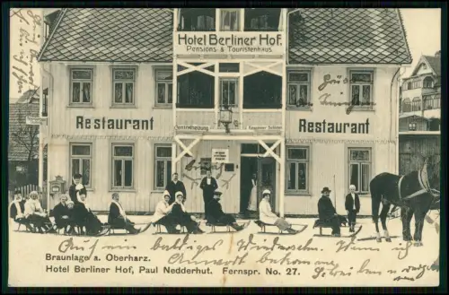 AK Braunlage Hotel Berliner Hof - Restaurant Gäste Schlitten Pferde - 1919 gel.