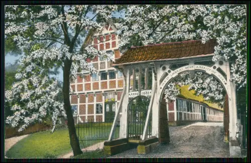 AK Jork Kirschblüte Prunkpforte Landpost Westmoorende Buxtehude 1932 + AK Stade