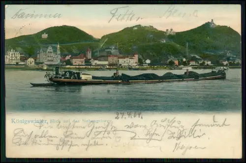 AK Königswinter Rhein Schleppkahn beladen Schüttgut Kohle Basalt - 1904 gelaufen